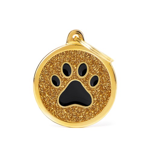 MyFamily Shine Big Circle Gold Glitter Black Paw ID Tag (Grande, Oro)